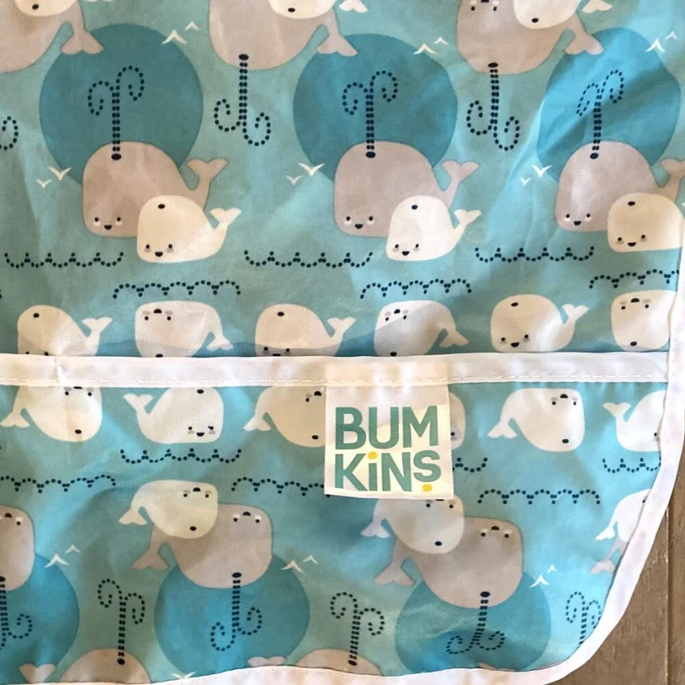 Bumkins Long Sleeve Bib with Pocket Blue Whale Design - Washable